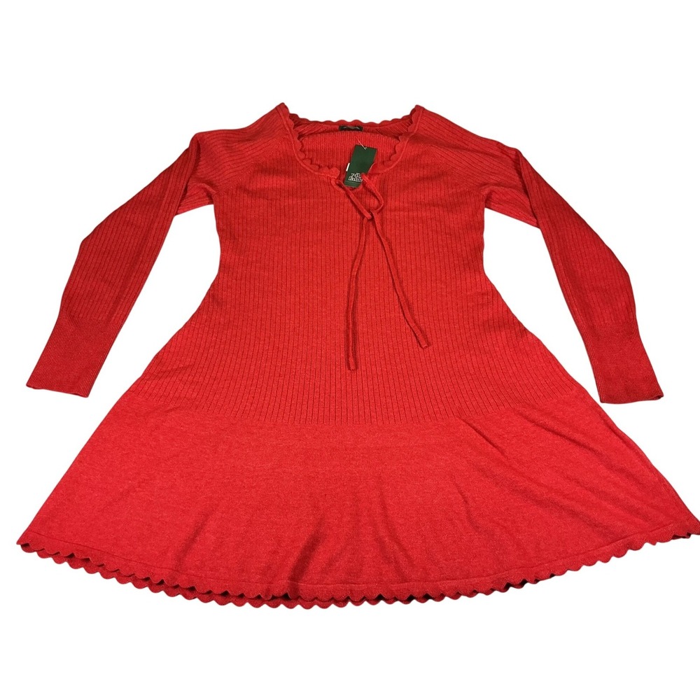 Wild Fable Womens XL Red Ribbed Knit Dress Long Sleeve Fit Flare Tie Neck New‎